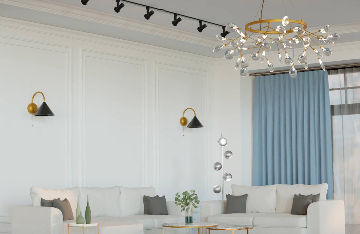 Modern living room with layered pendant lighting and warm ambient atmosphere