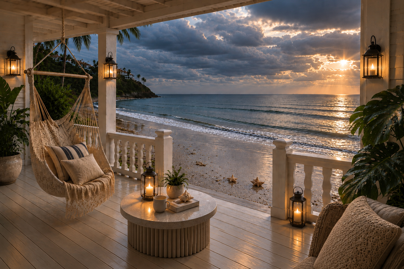 Brand New Home Coastal Veranda homepage concept with a cream hammock chair, black lanterns, a round table and a dramatic ocean view