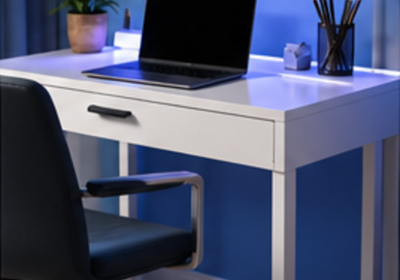 Modern study desk in a restrained blue teen room