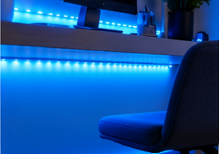 Blue LED strip lighting in a teen study room
