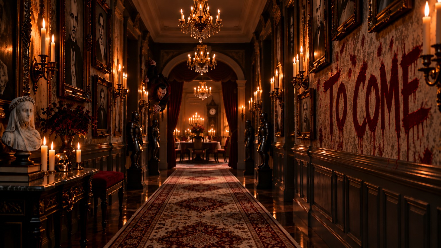 A candlelit vintage corridor with the words To Come