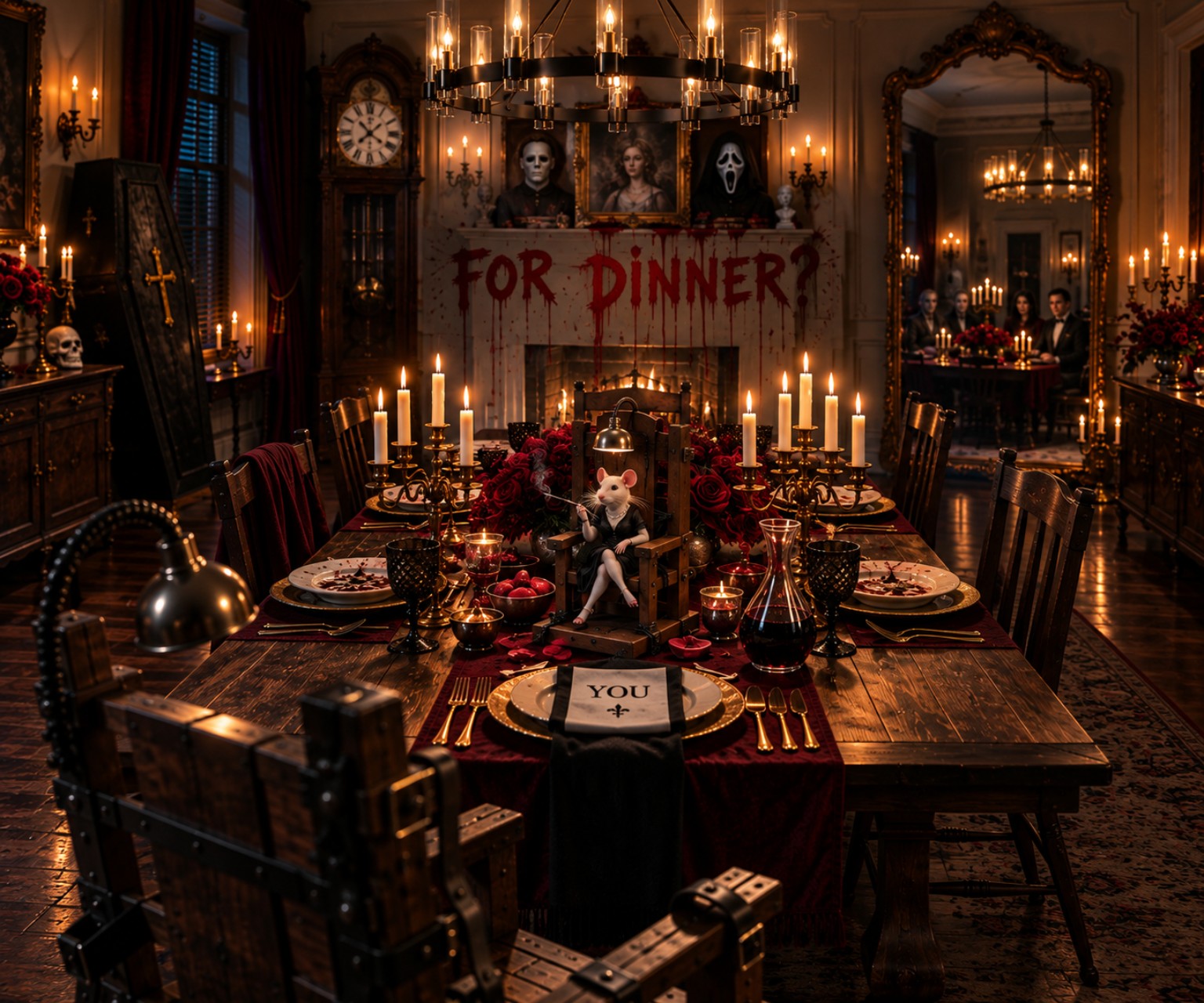 A candlelit vintage Halloween dinner with the words For Dinner?