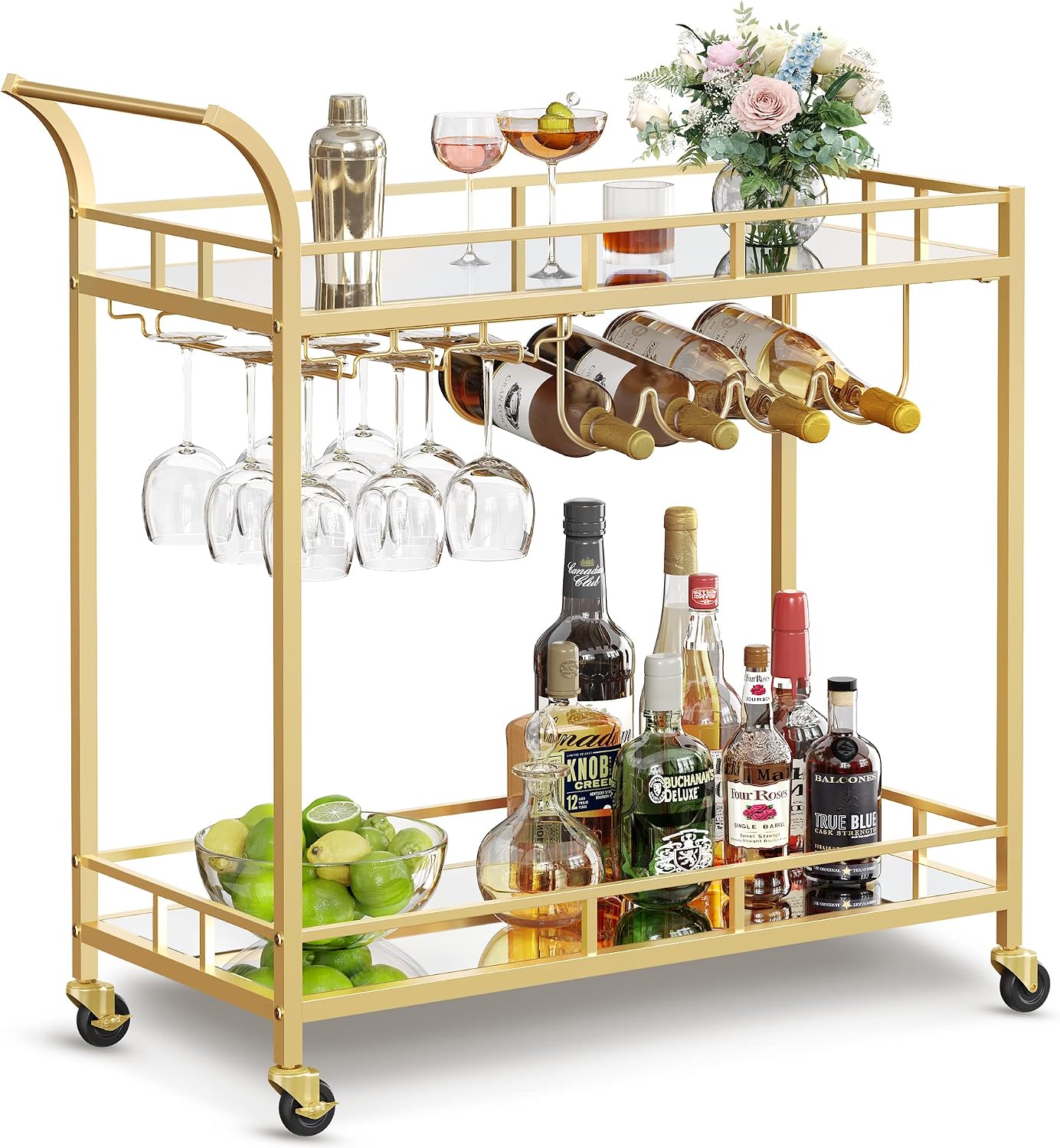 VASAGLE Bar Cart with 2 Mirrored Shelves, Wine Holders, Glass Holders