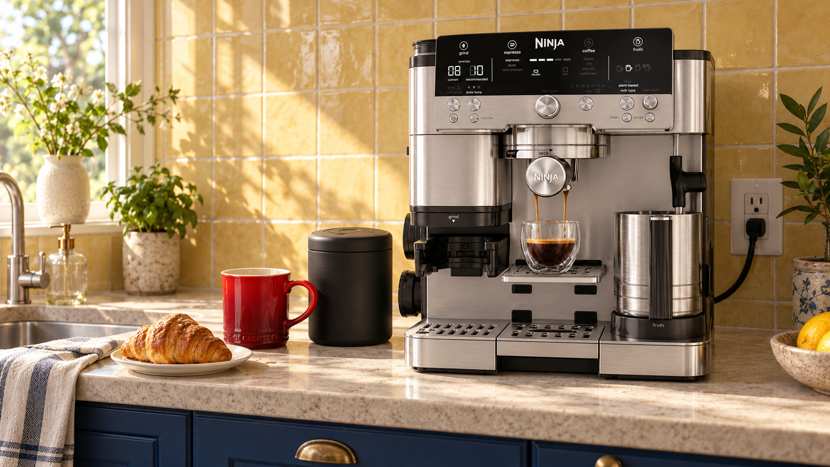 AI-styled home coffee corner with yellow tiles, blue cabinetry, a stainless steel Ninja coffee machine, black Fellow canister and red Le Creuset mug