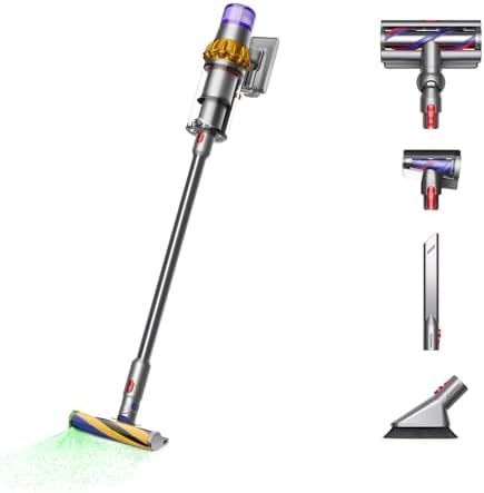Dyson V15 Detect Plus in Yellow/Nickel, with the Fluffy Optic floor head, Digital Motorbar head, Hair screw tool, crevice tool and soft dusting brush