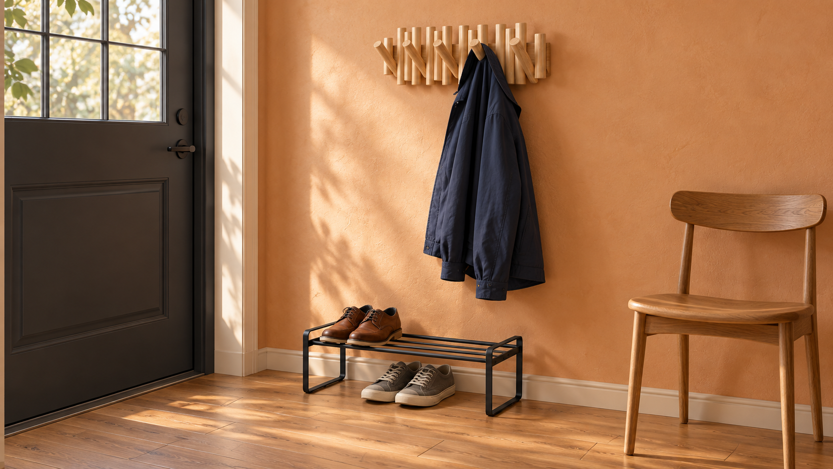AI-styled apartment entryway with an apricot wall, a Natural Umbra Picket hook rack and a low black Yamazaki Frame shoe rack